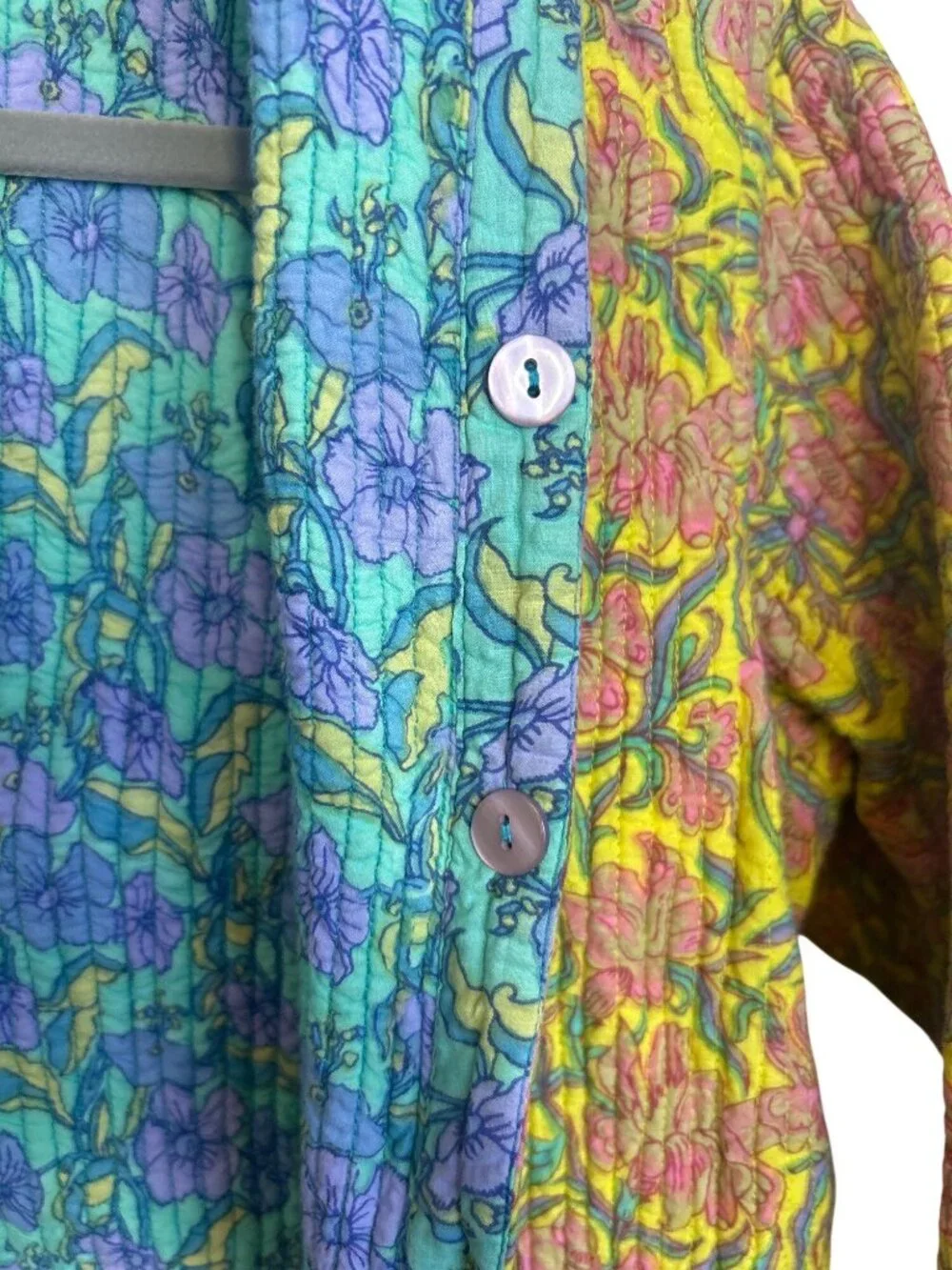 Anu by Natural Reversible Quilted Floral Jacket Yellow Blue Button Artisan
